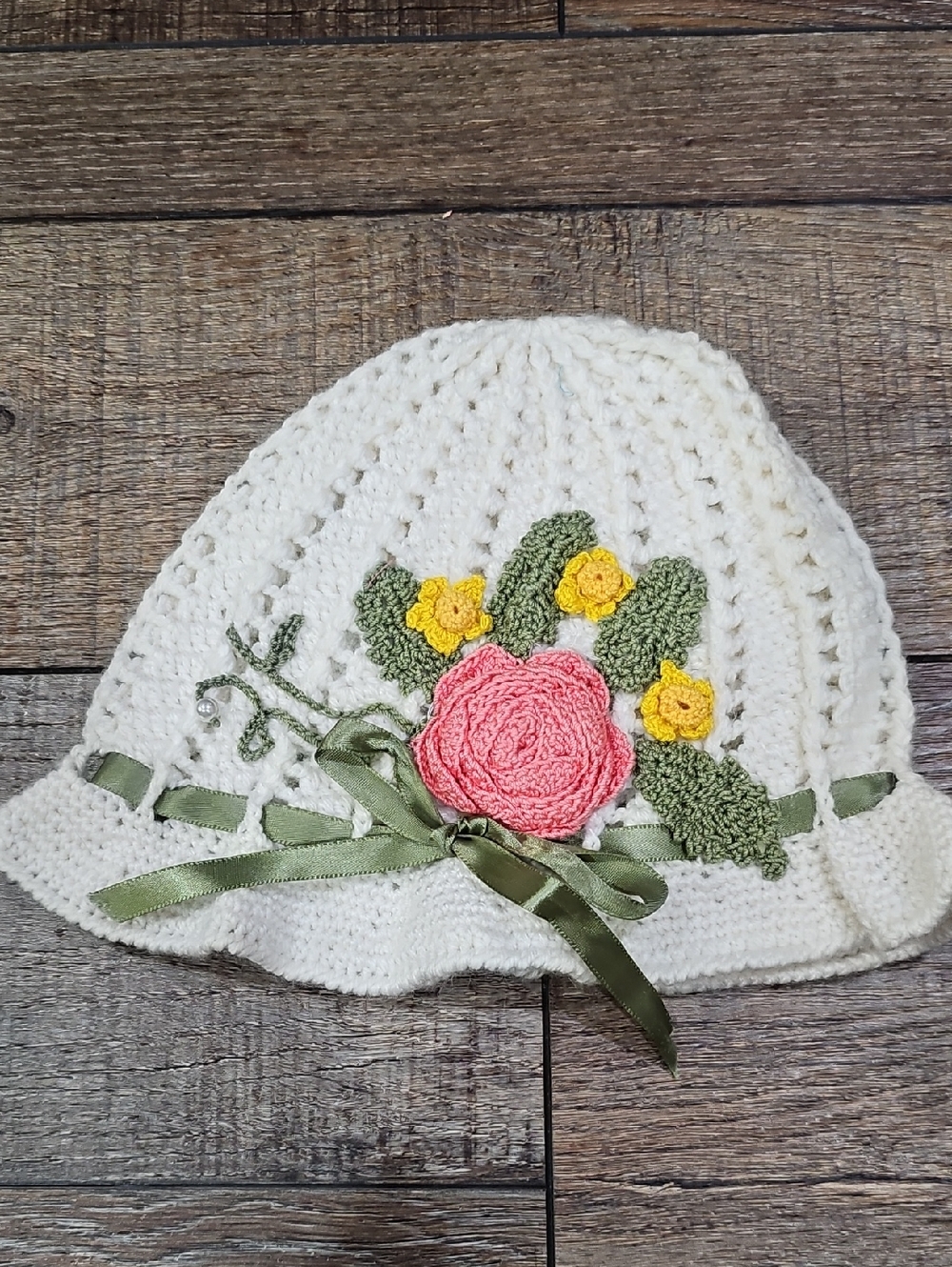 Handmade Crochet Floral Hat with Pink Rose and Green Ribbon Baby Toddler